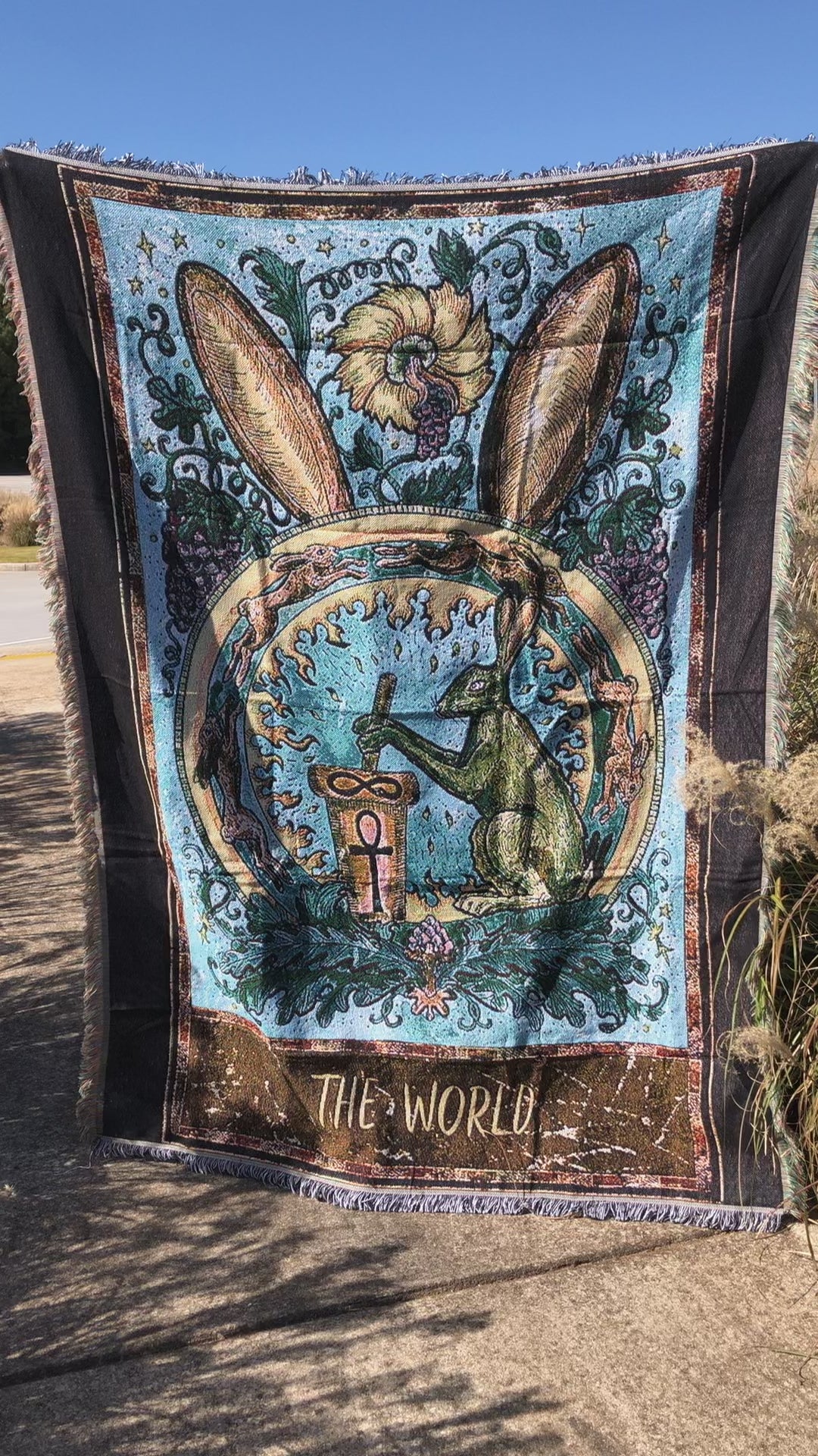 video shows close up of The World - Tarot Card Throw Blanket/ Woven Tapestry