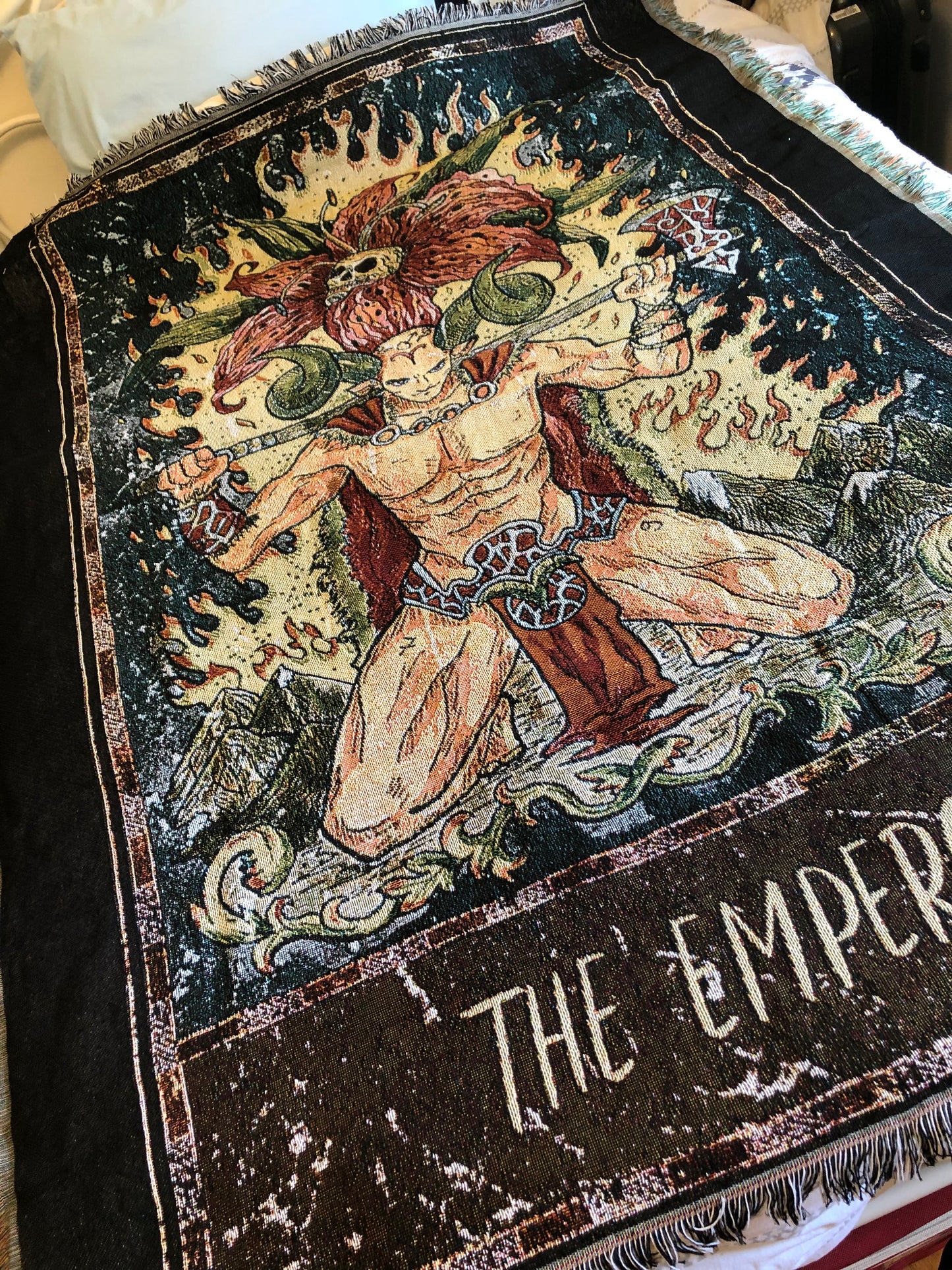 The Emperor - Tarot Card Throw Blanket/ Woven Tapestry on a bed