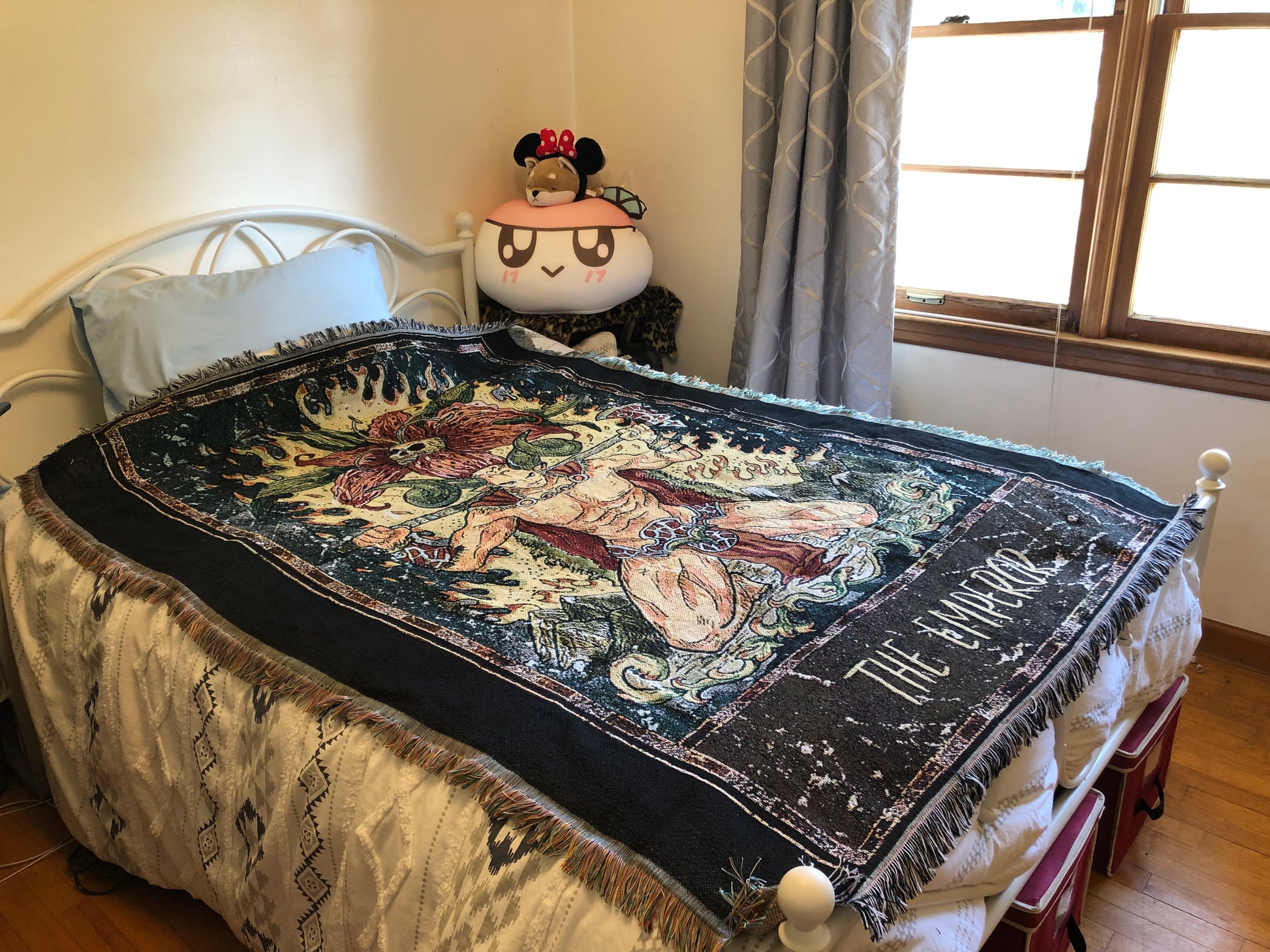 The Emperor - Tarot Card Throw Blanket/ Woven Tapestry on a bed