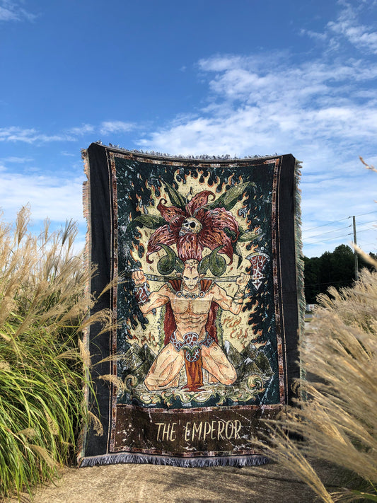 The Emperor - Tarot Card Throw Blanket/ Woven Tapestry holding up in the middle of a field