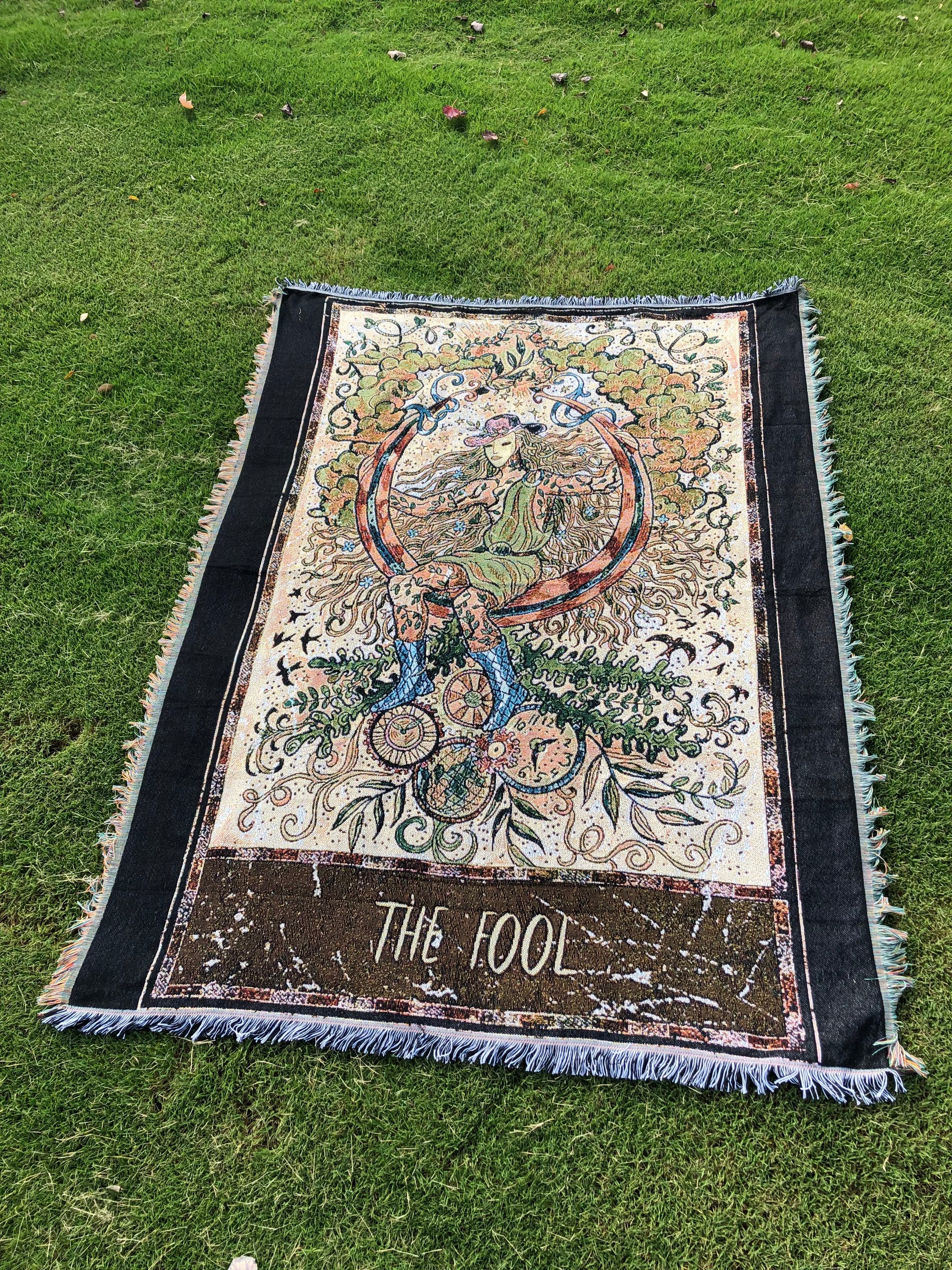 The Fool - Tarot Card Throw Blanket/ Woven Tapestry on the grass