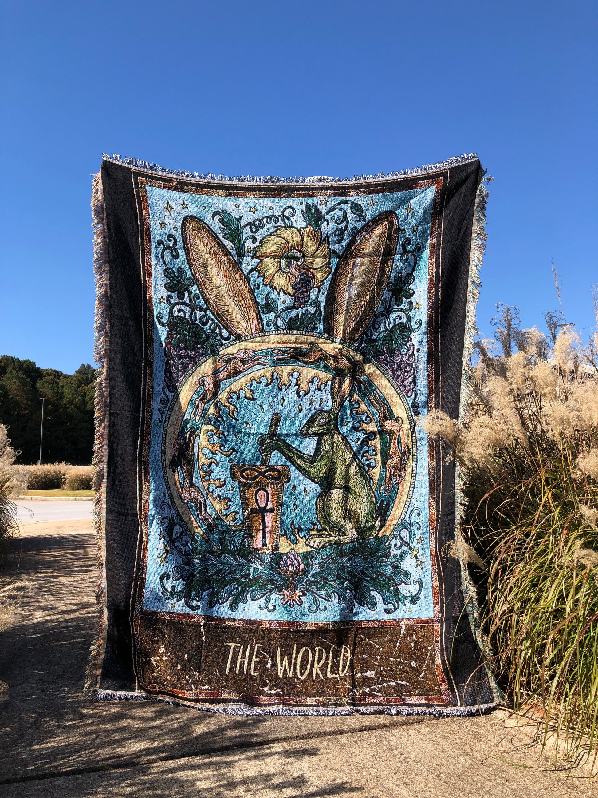 The World - Tarot Card Throw Blanket/ Woven Tapestry on the field