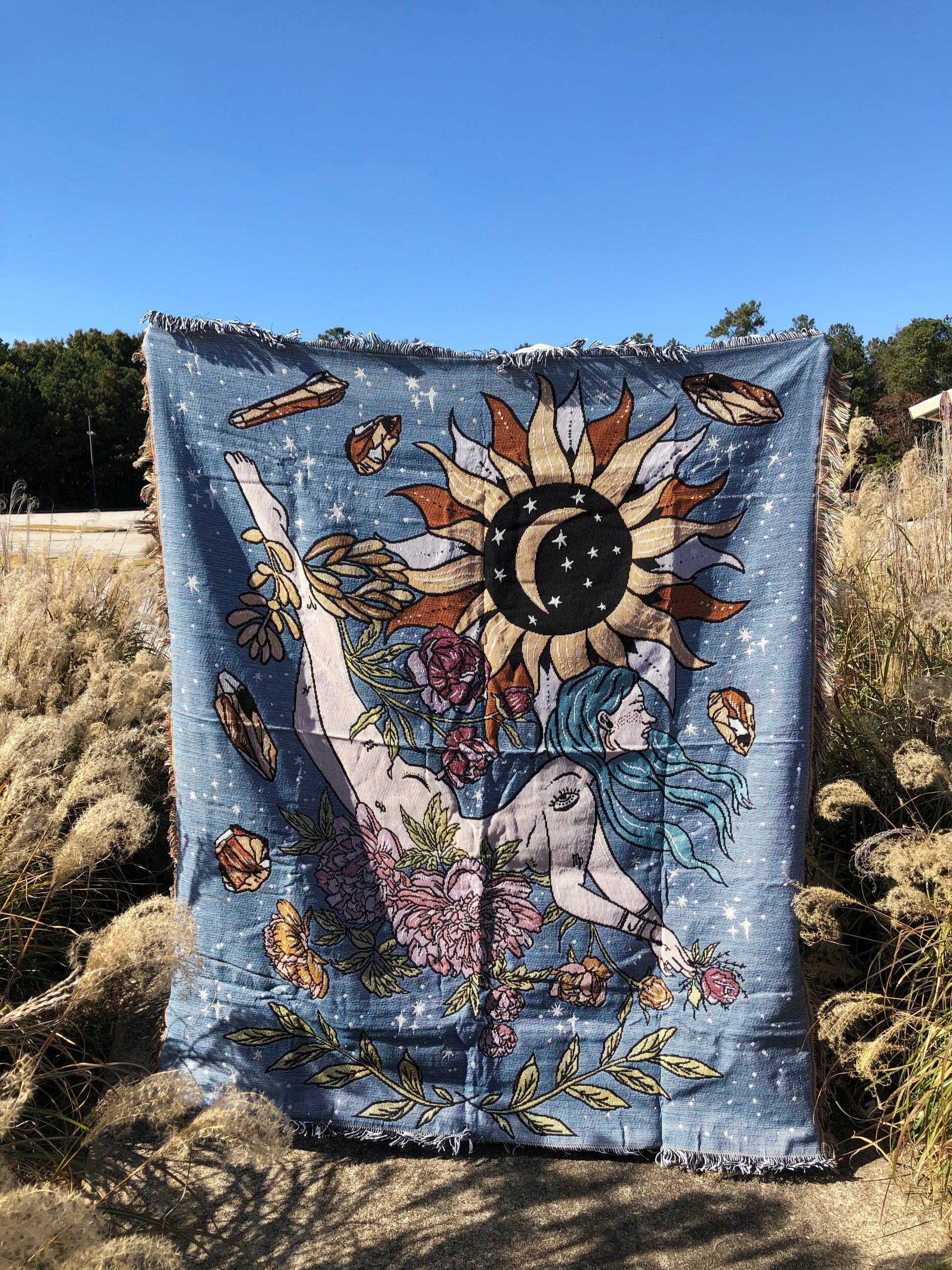 The Mystical Goddess - Throw Blanket/Woven Tapestry in the middle of a field