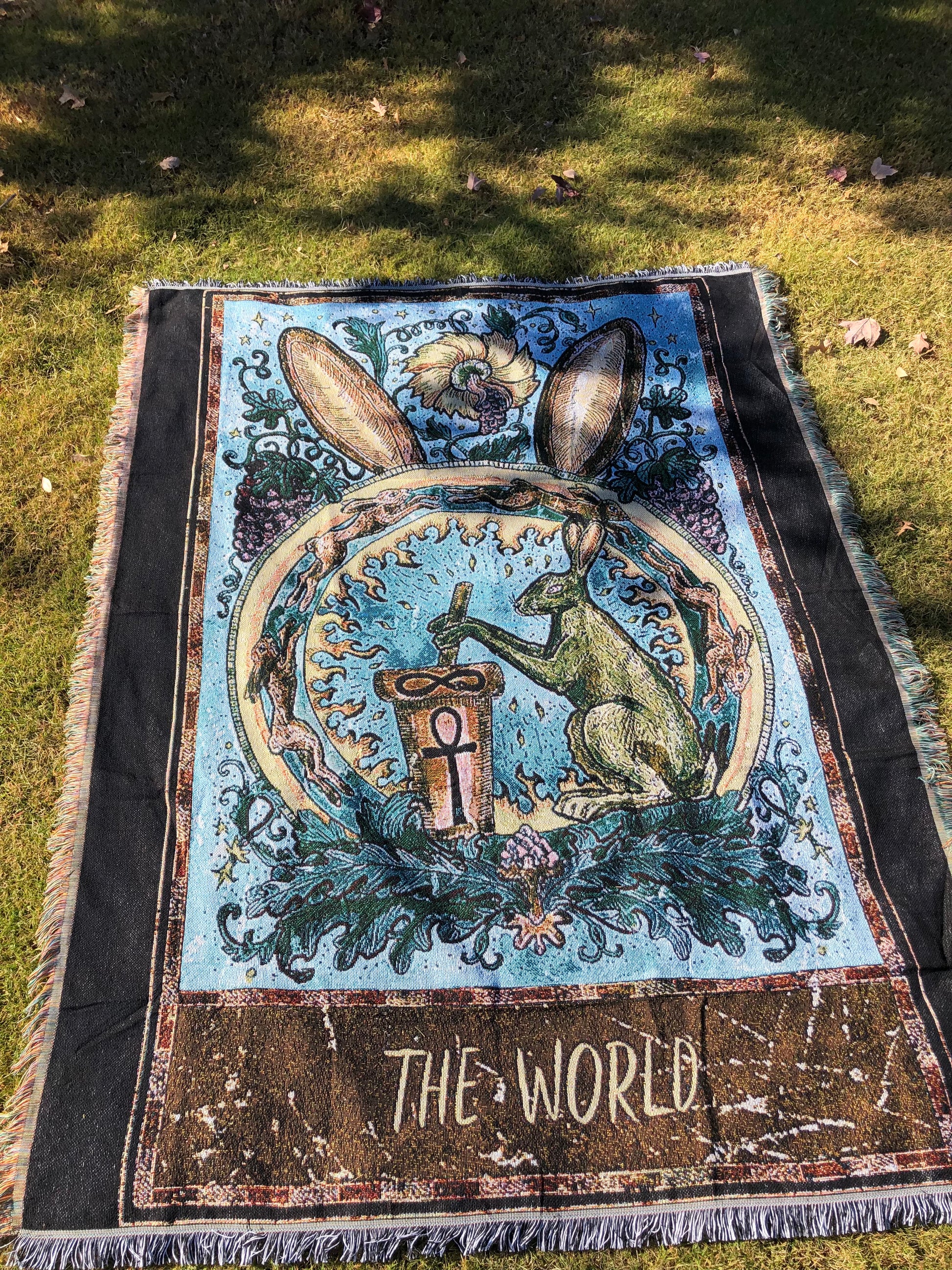 The World - Tarot Card Throw Blanket/ Woven Tapestry on the grass