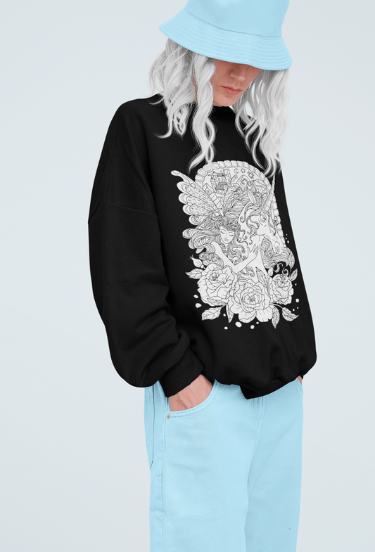 A white-haired woman wearing a black line art Blonde Princess and Magic Unicorn Sweatshirt, a blue pastel bucket hat and pants