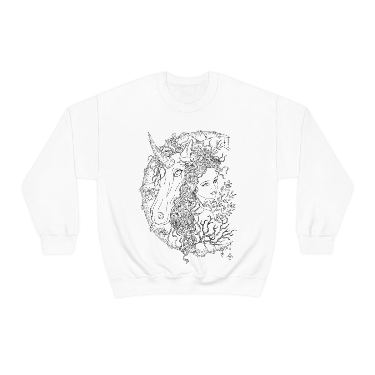 White Line Art Chartreuse Princess and Magic Unicorn Sweatshirt