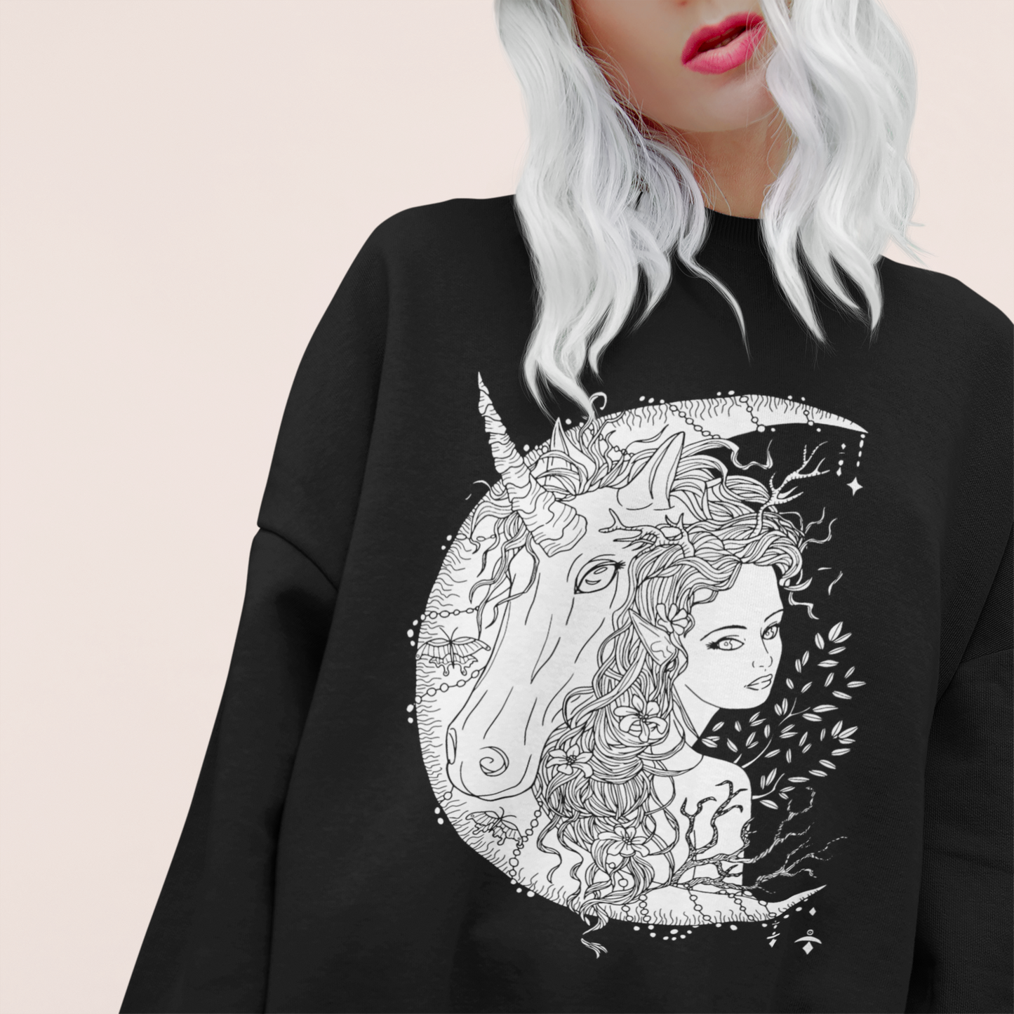 A woman wearing a black Line Art Chartreuse Princess and Magic Unicorn Sweatshirt