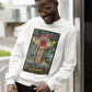 A man wearing sunglasses, white Ace of Wands Tarot Card Sweatshirt, black jeans