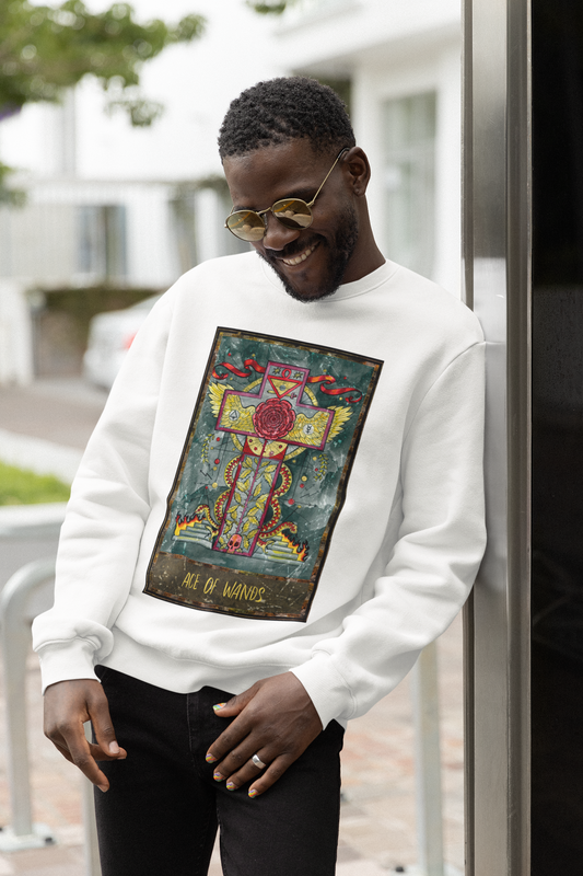 A man wearing sunglasses, white Ace of Wands Tarot Card Sweatshirt, black jeans