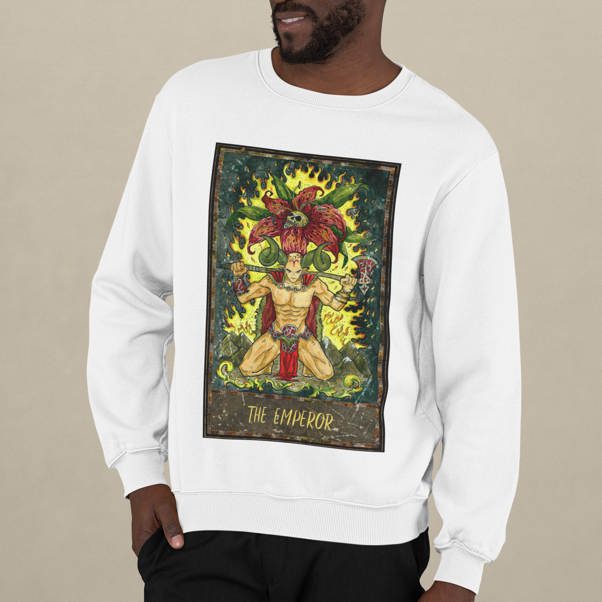 A man posing with a white The Emperor Tarot Card Sweatshirt and black pants 