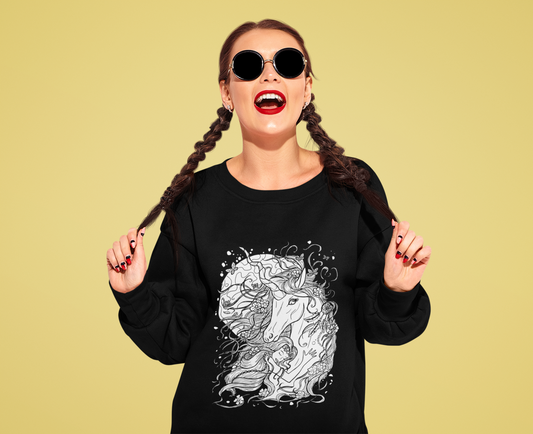 A smiling woman in black sunglasses wearing a black Line Art Cyan Princess and Magic Unicorn Sweatshirt 