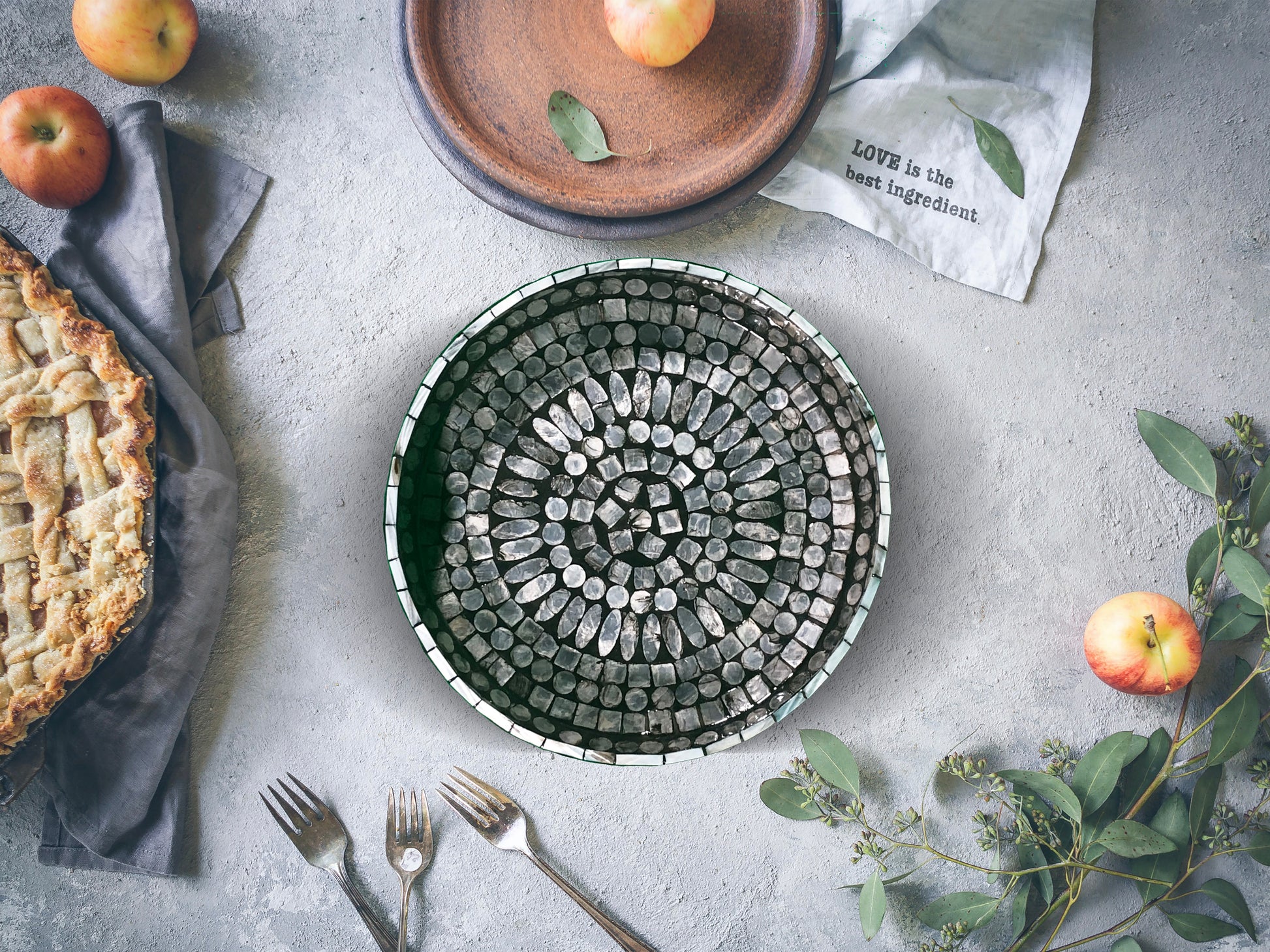 a top down shot of Curvy Round Mother of Pearl Tray