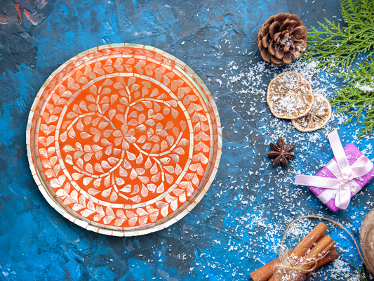 A top down shot of a Deep Coral Mother of Pearl Tray