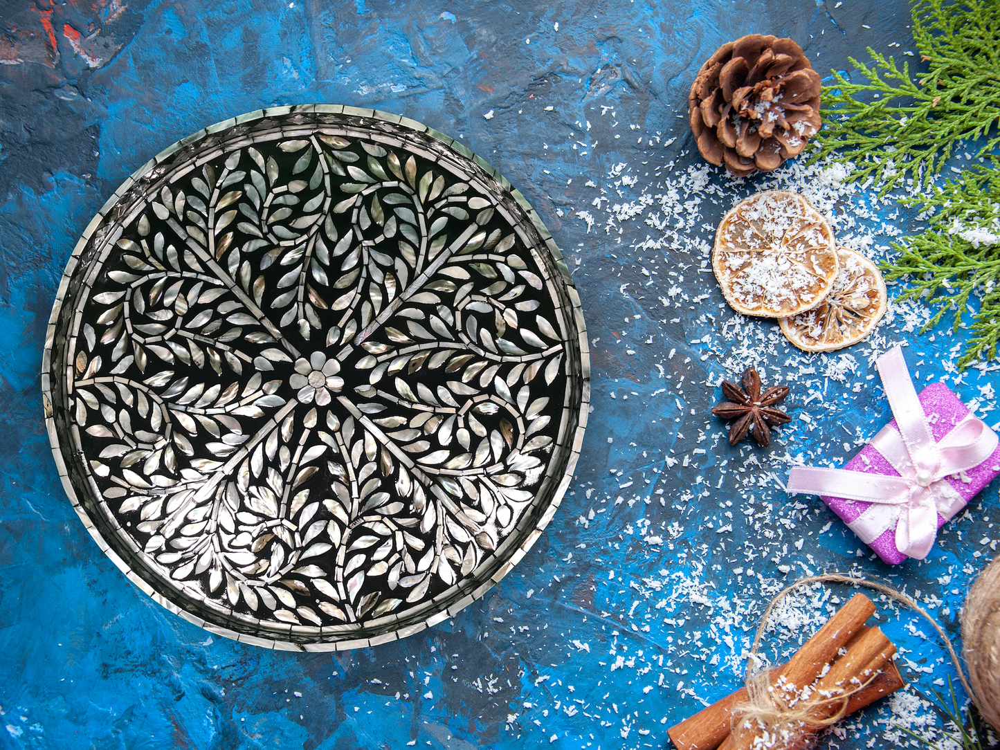 a top down shot of Black Sea Mother of Pearl Tray