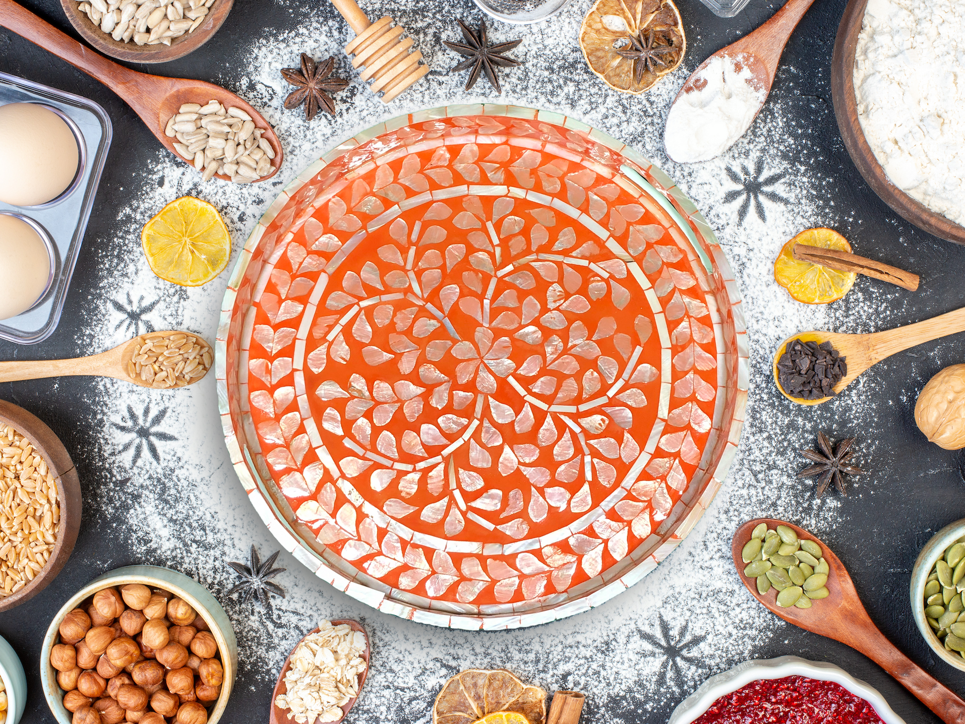 A top down shot of a Deep Coral Mother of Pearl Tray