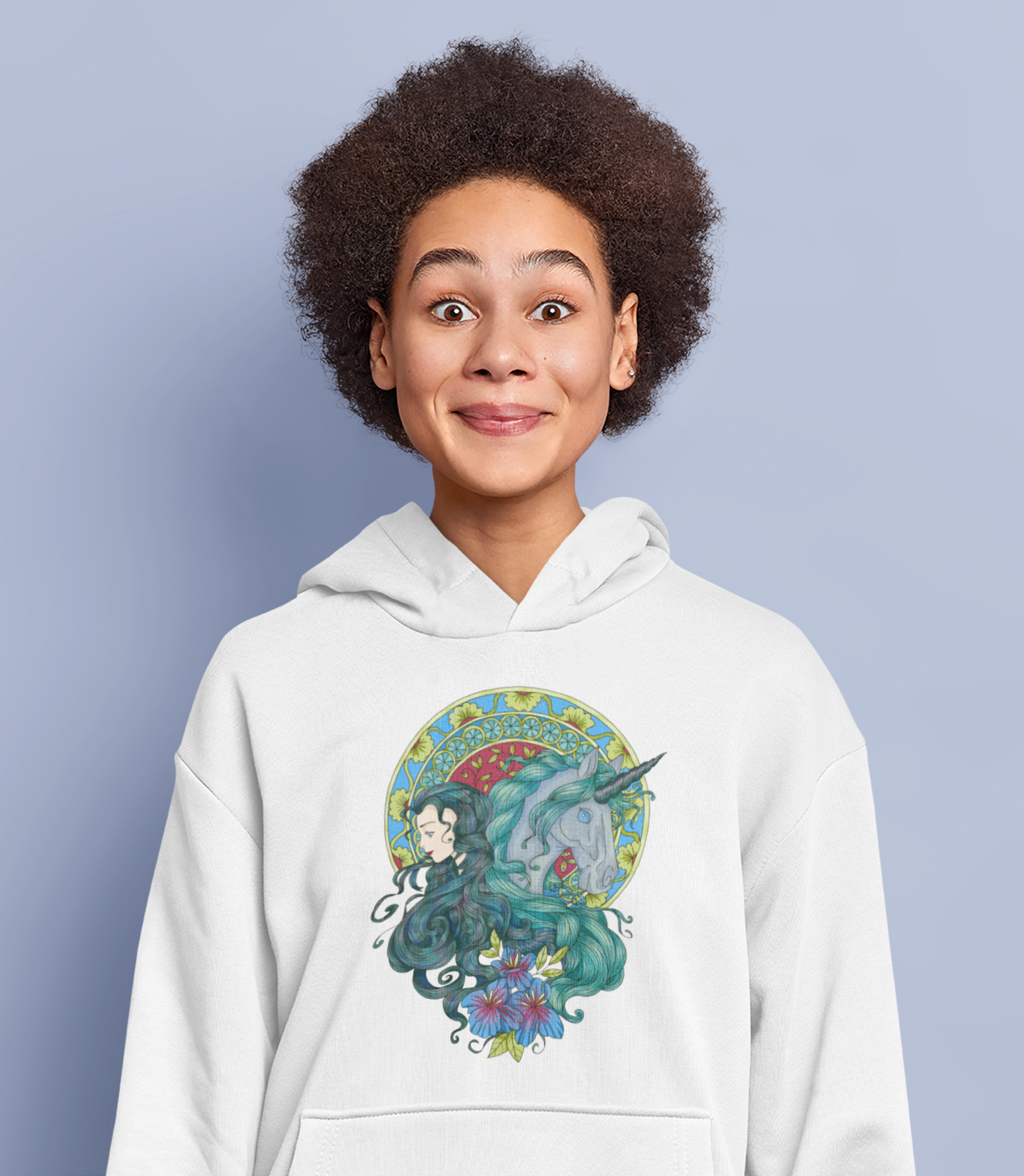 A woman wearing a white Caribbean Current Princess and Magic Unicorn Hoodie