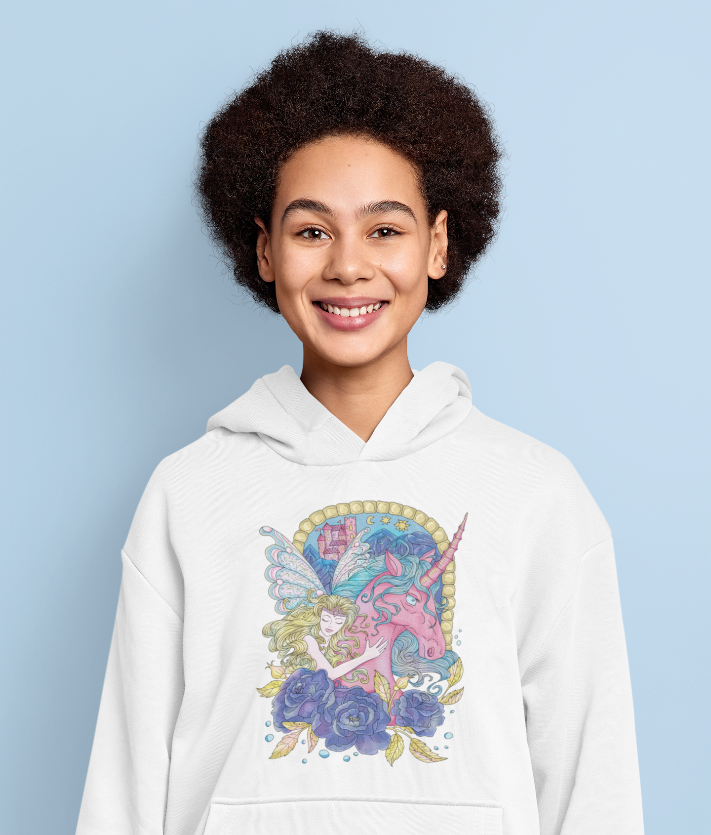 A woman smiling wearing a white Blonde Princess and Magic Unicorn Hoodie