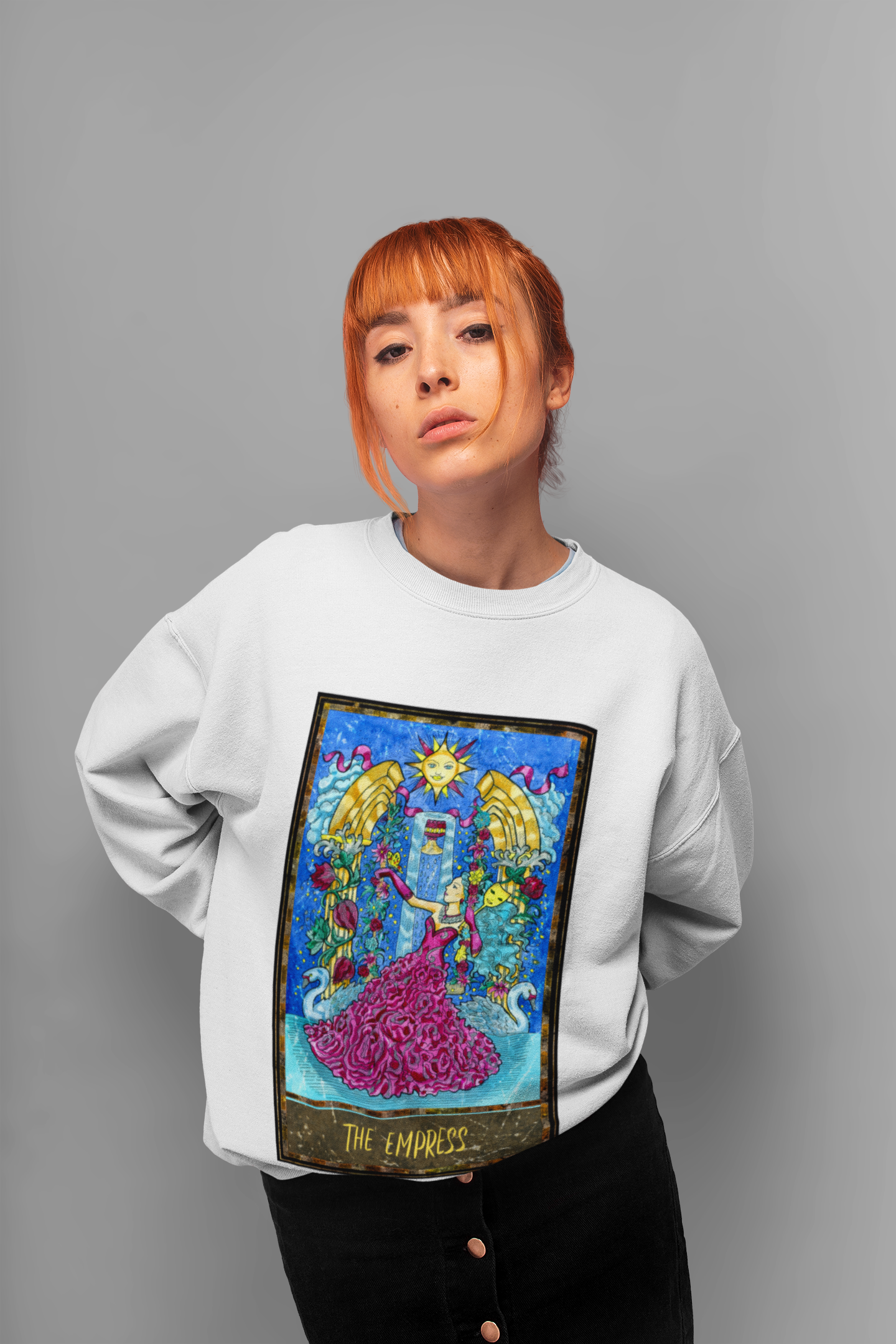 A red hair girl wearing a white The Empress Tarot Card Sweatshirt and black skirt