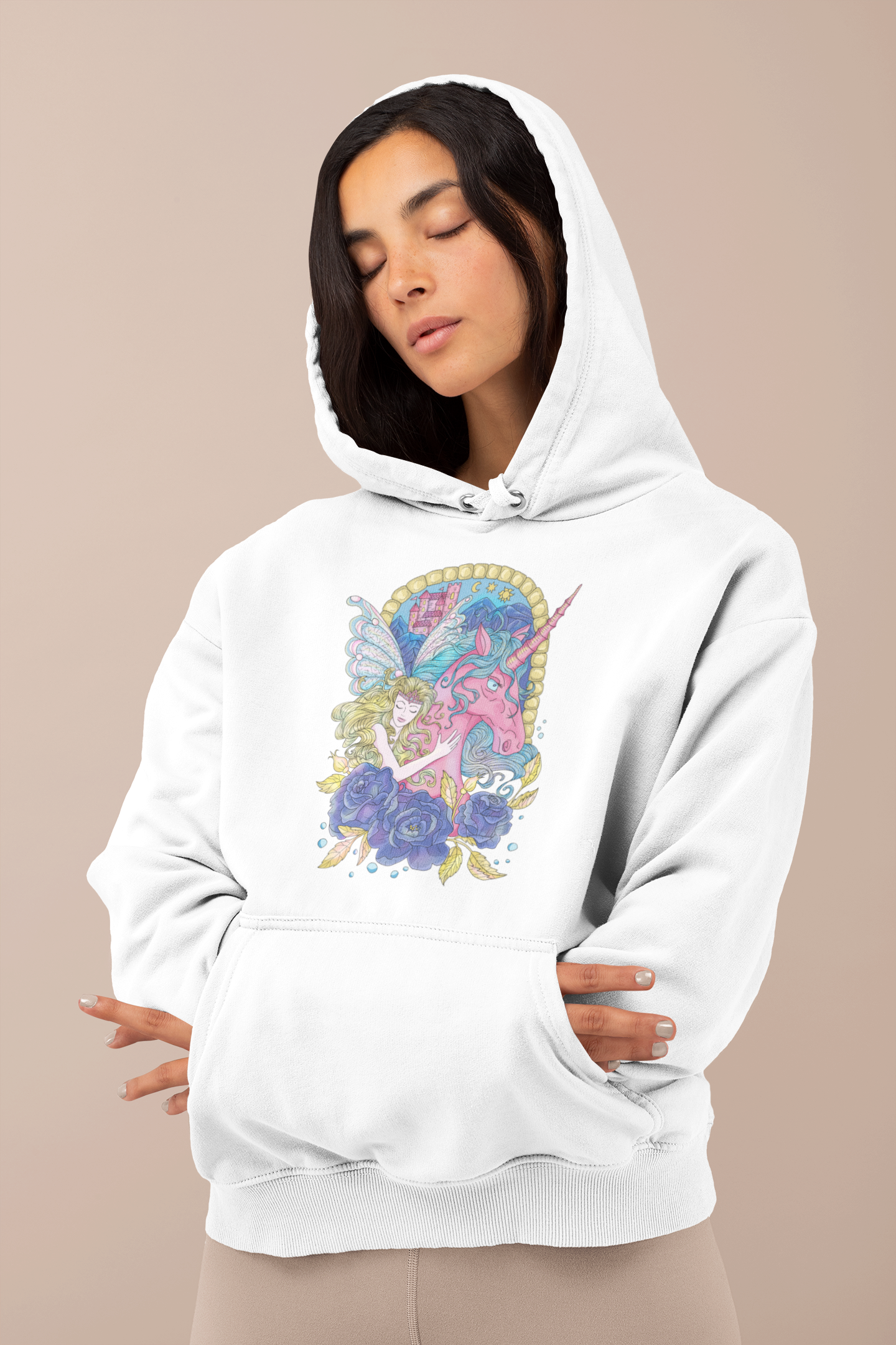 A woman wearing a white Blonde Princess and Magic Unicorn Hoodie