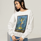 A young woman wearing a white Queen of Cups Tarot Card Sweatshirt and blue jeans