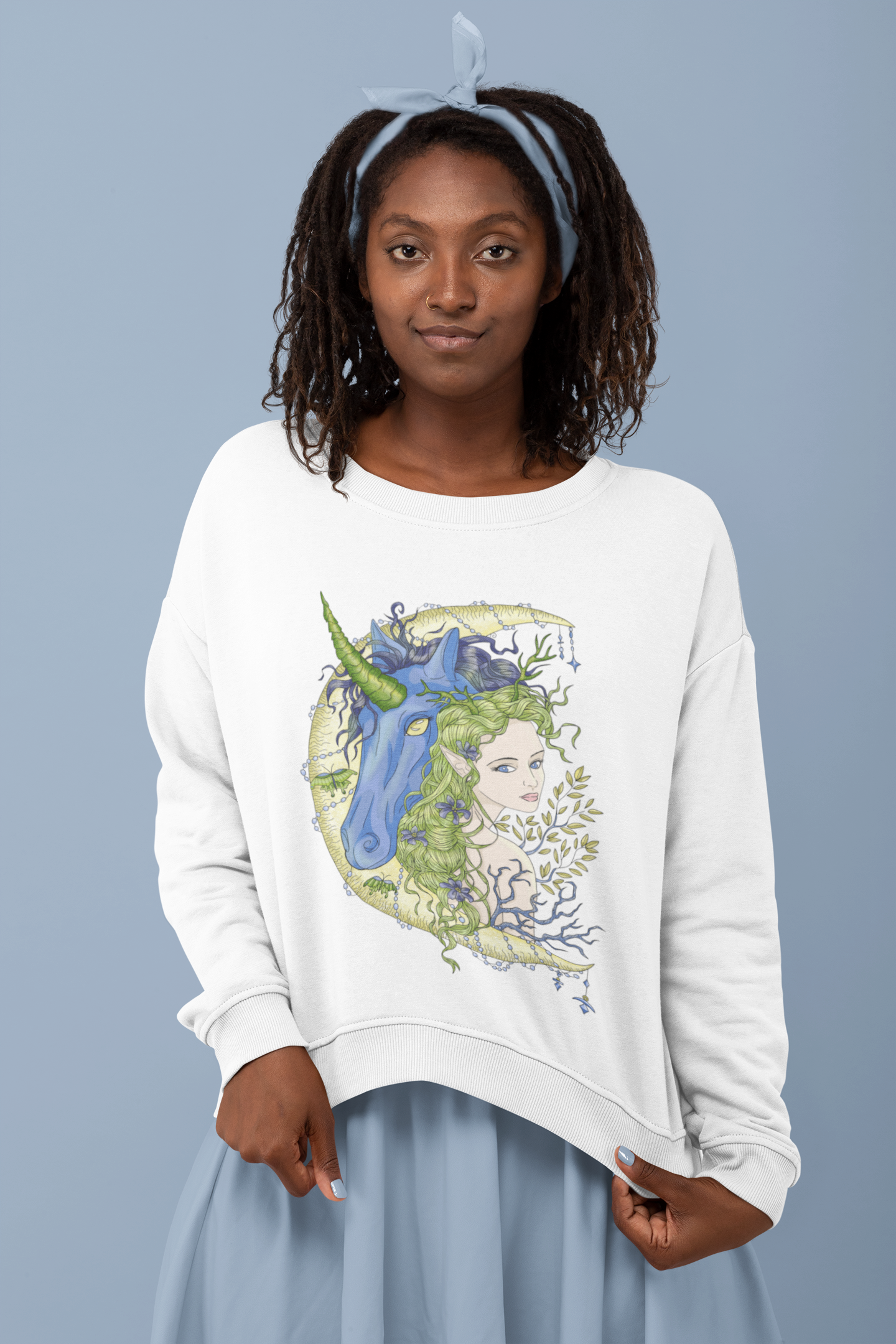 A woman showcasing her white Chartreuse Princess and Magic Unicorn Sweatshirt