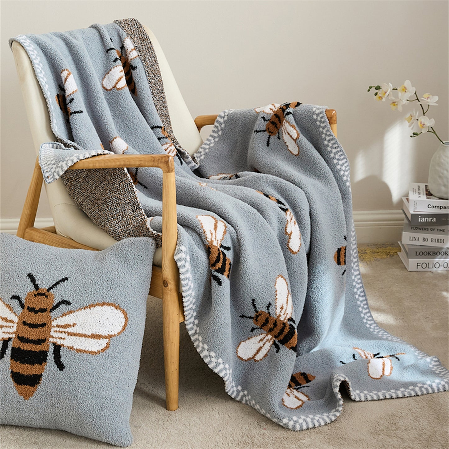 Bee Pattern Knitted Throw Blanket draping on a chair