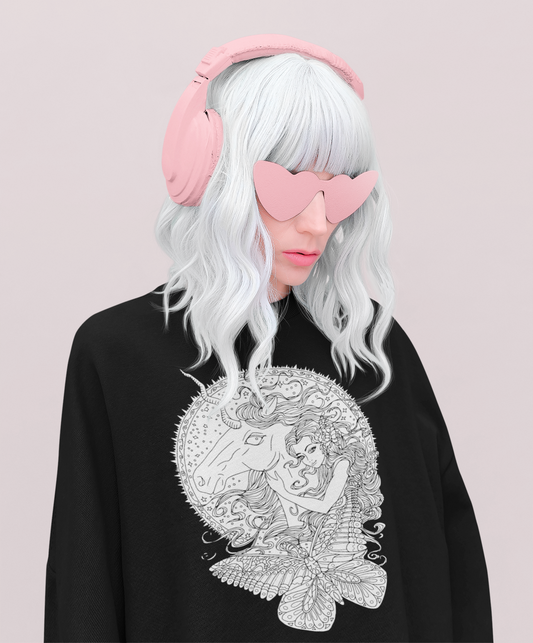 A woman wearing a pink headphone, sunglasses, a black Line Art Poppy Red Princess and Magic Unicorn Sweatshirt 