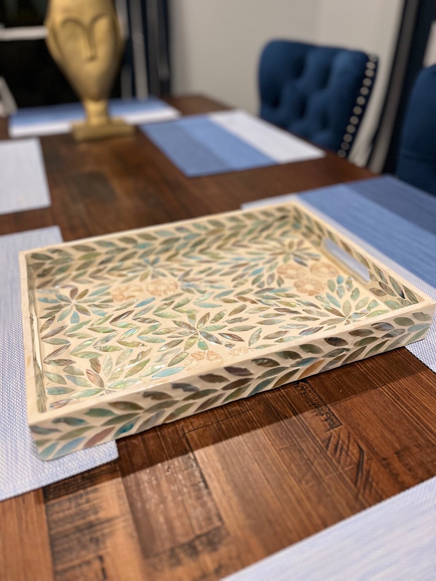 Turquoise Rectangle Flower Pattern Mother of Pearl Tray on the dining room table