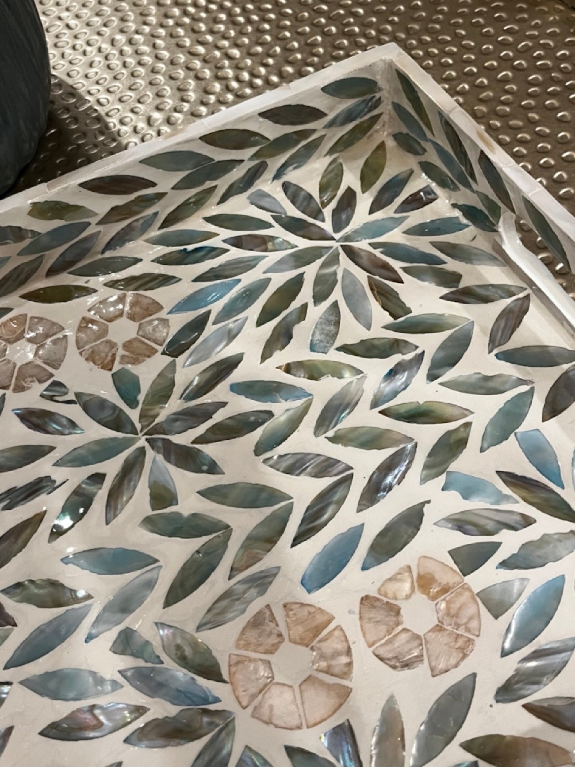 Close up shot of the pattern on Turquoise Rectangle Flower Pattern Mother of Pearl Tray