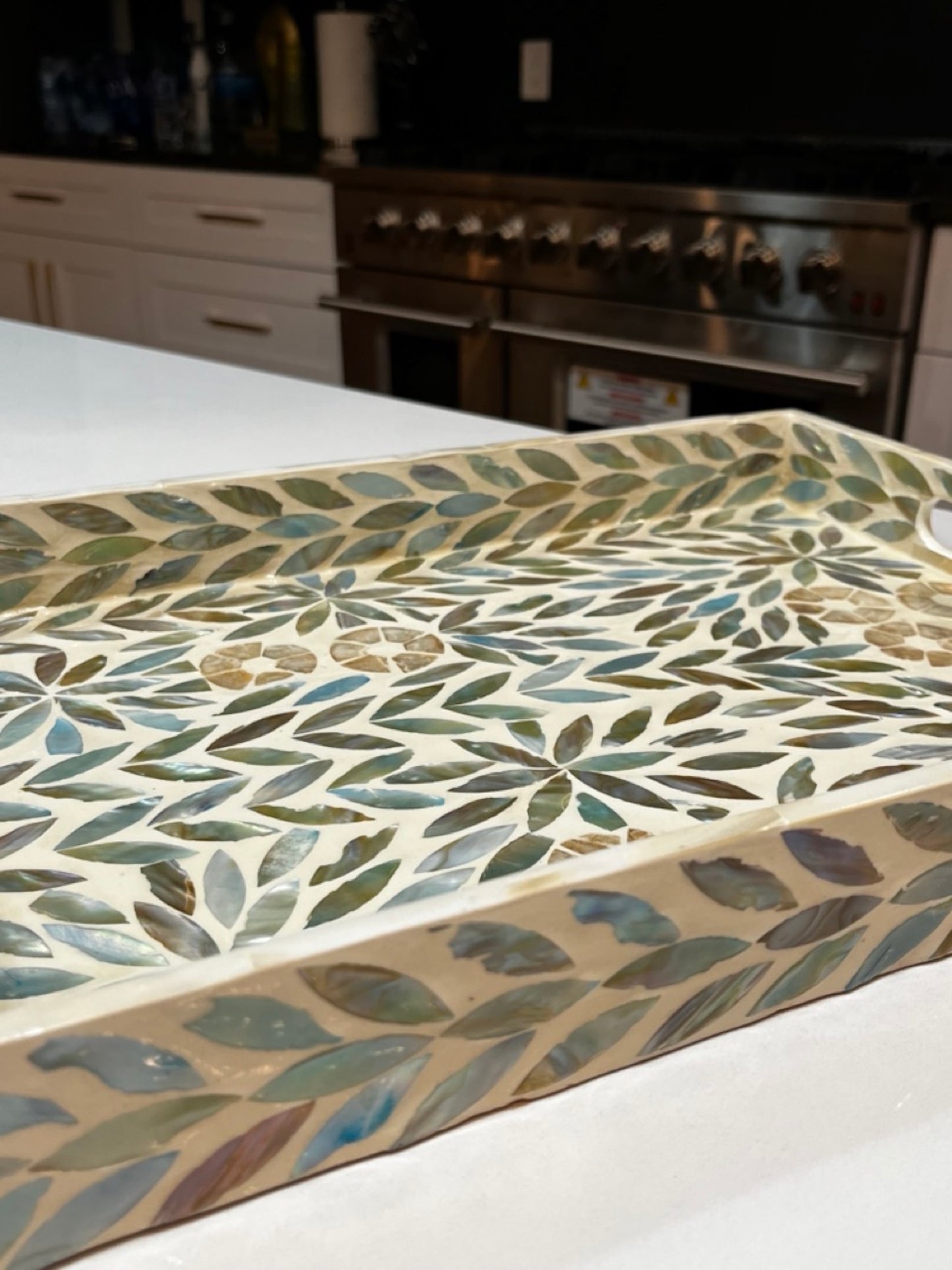 Close up of the Turquoise Rectangle Flower Pattern Mother of Pearl Tray on the kitchen counter