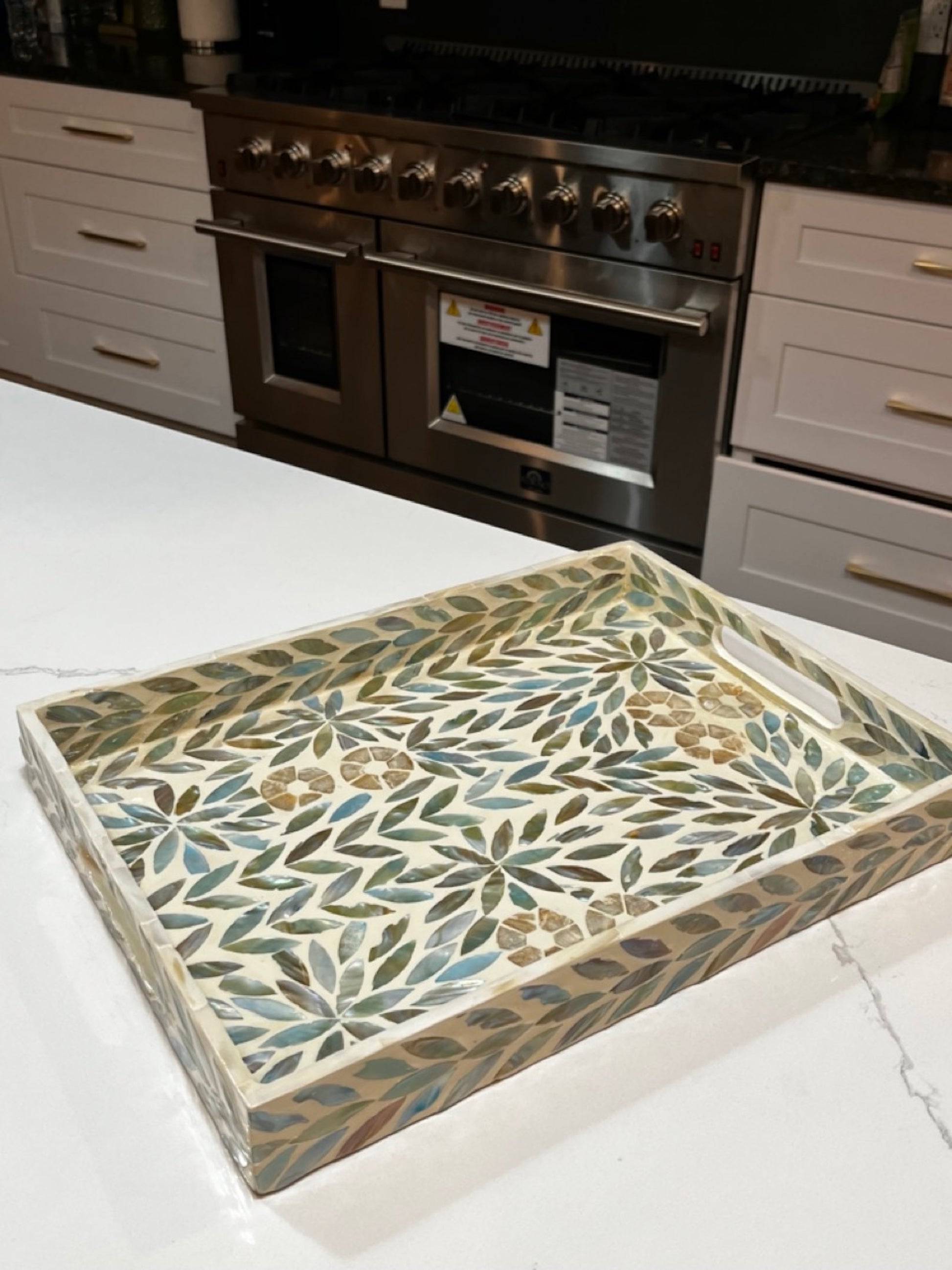 Turquoise Rectangle Flower Pattern Mother of Pearl Tray on the kitchen counter