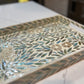 Close up shot of Turquoise Rectangle Flower Pattern Mother of Pearl Tray on the kitchen counter