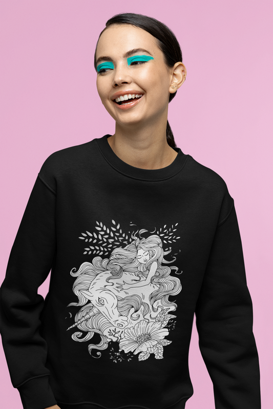 A smiling woman wearing a black Line Art Red Princess and Magic Unicorn Sweatshirt