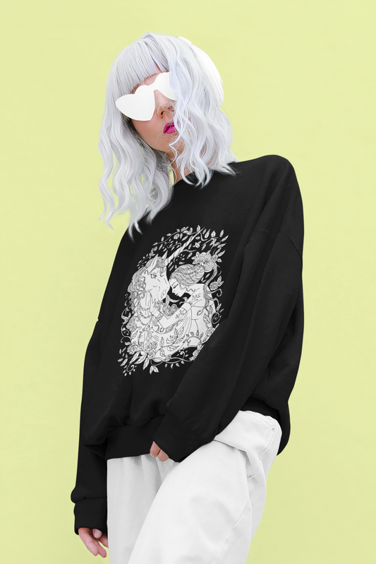 A woman posing in a black Line Art Russet Princess and Magic Unicorn Sweatshirt