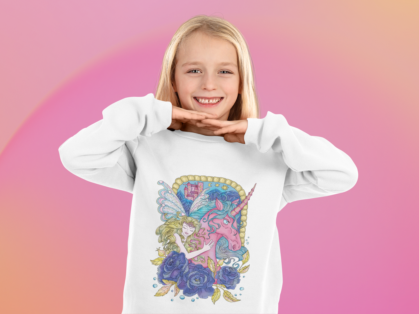 A cute smiling little girl wearing a white Blonde Princess and Magic Unicorn Sweatshirt