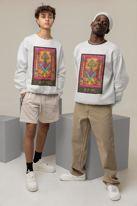 Left: white tall boy with curly hair in the white Ace of Cups Tarot Card Sweatshirt, and beige pair of pants, black socks and white shoes. Right: black guy in the white ace of cups tarot card sweatshirt, a white beanie, khaki denim pants, white shoes