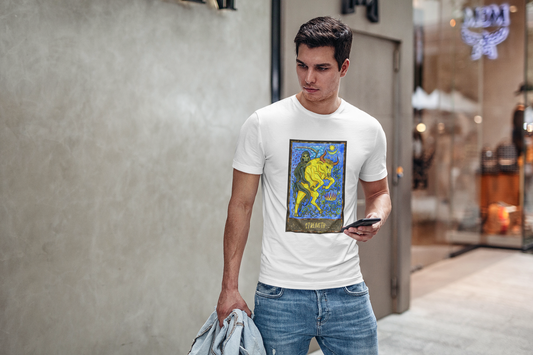 A man wearing a white Strength Tarot Card T-shirt and blue jeans